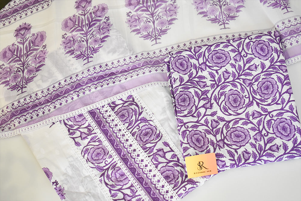 Purple and White Cotton Suit With Floral Cotton Dupatta