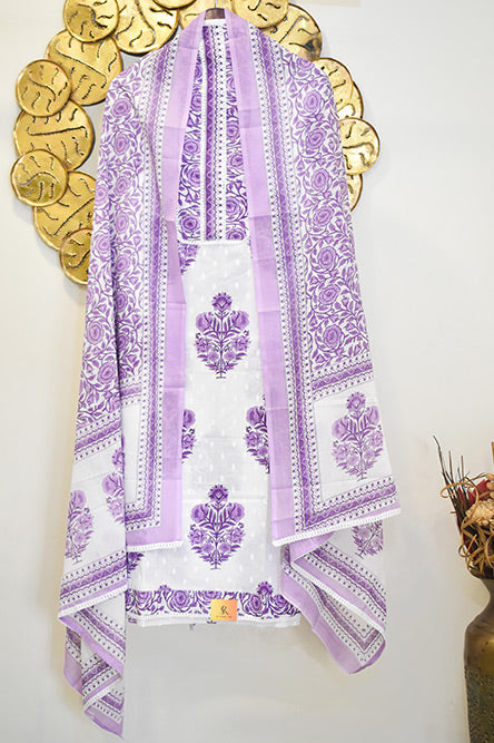 Purple and White Cotton Suit With Floral Cotton Dupatta