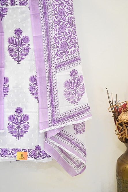 Purple and White Cotton Suit With Floral Cotton Dupatta