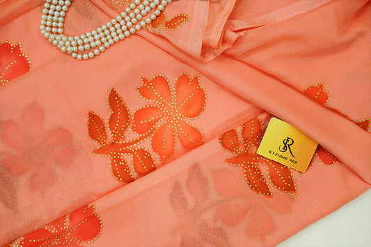 Light Orange chiffon (Peach) saree with hand paint and golden buttis work all over