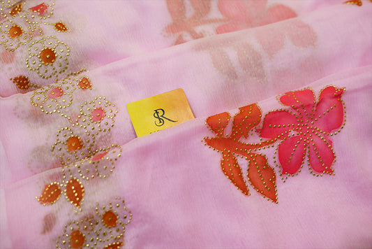 Light Pink chiffon saree with hand paint and golden buttis work all over