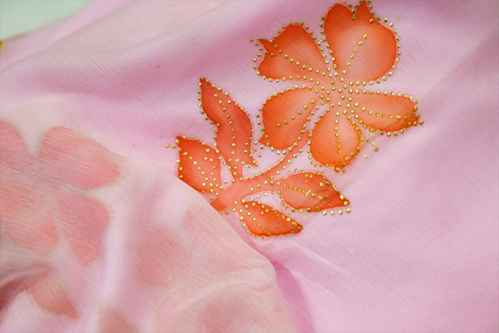 Light Pink chiffon saree with hand paint and golden buttis work all over