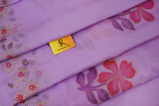 LAVENDAR (light purple) chiffon saree with hand paint and golden buttis work all over