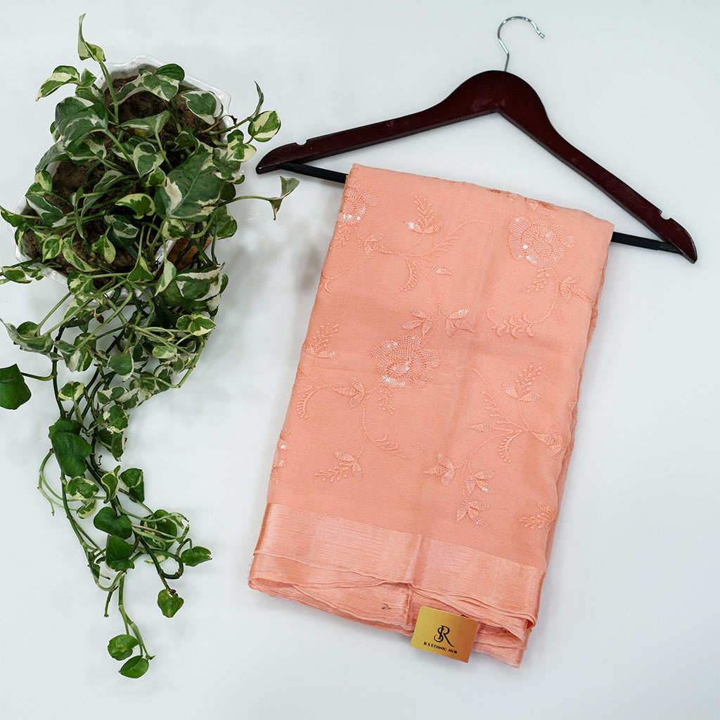 Peach chiffon saree with full embroidery and sequence work