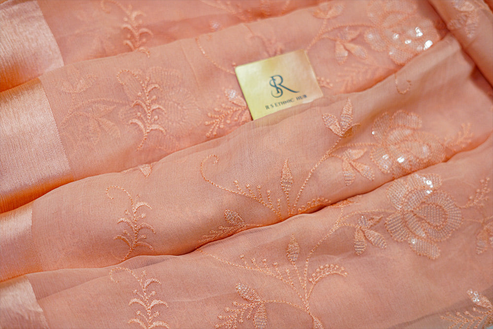 Peach chiffon saree with full embroidery and sequence work