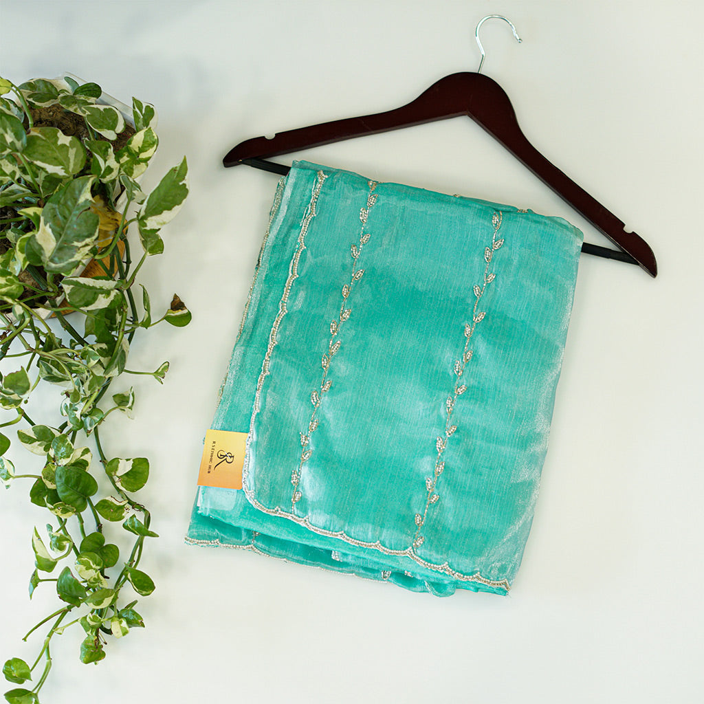 SEA GREEN jimmy choo fabric (CREPE) with embroidered border and stripes embroidery
