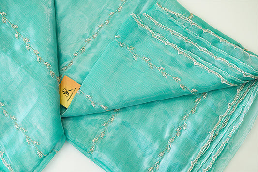 SEA GREEN jimmy choo fabric (CREPE) with embroidered border and stripes embroidery