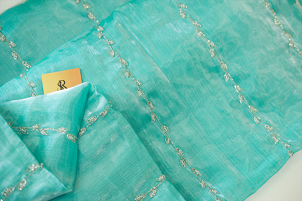 SEA GREEN jimmy choo fabric (CREPE) with embroidered border and stripes embroidery