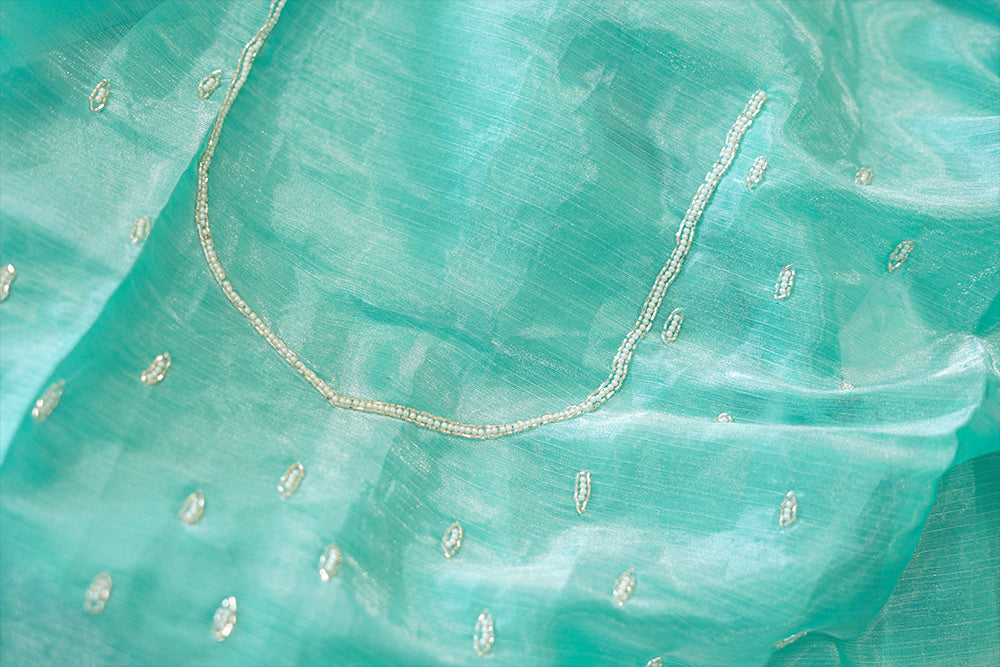 SEA GREEN jimmy choo fabric (CREPE) with embroidered border and stripes embroidery