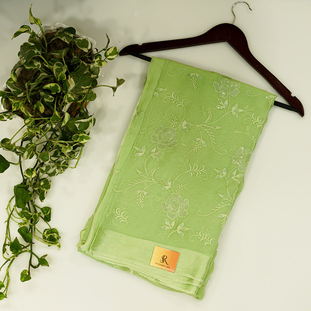 Green chiffon saree with full embroidery and sequence work