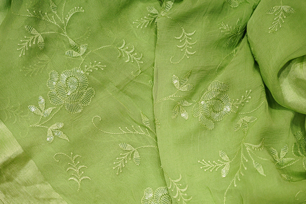 Green chiffon saree with full embroidery and sequence work