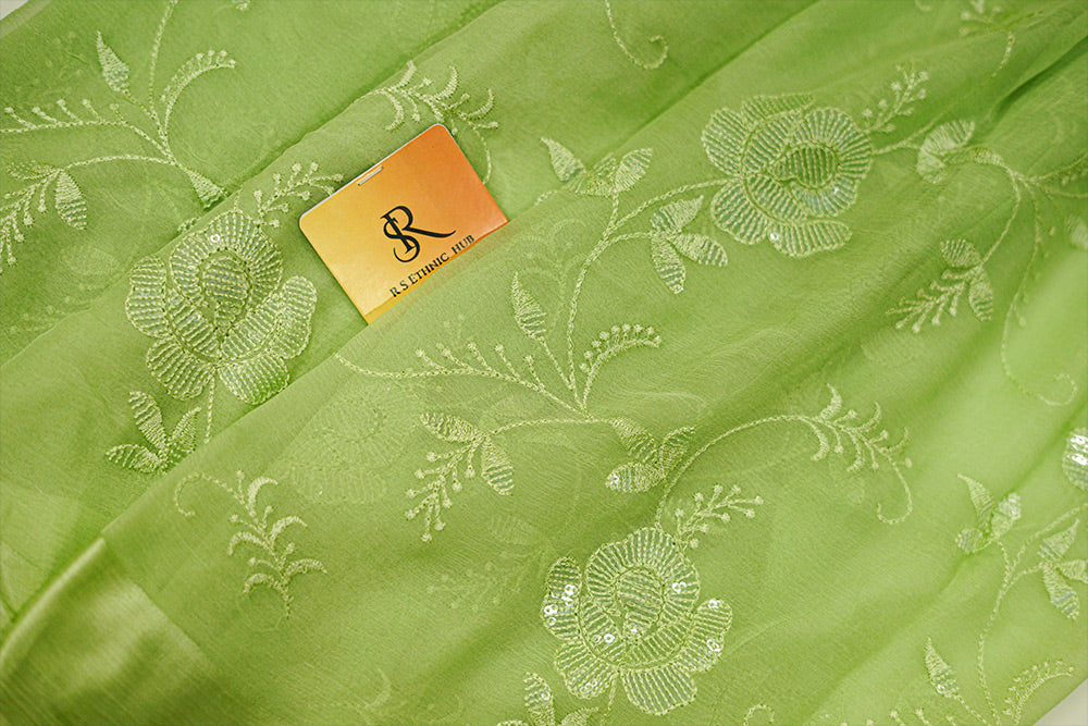Green chiffon saree with full embroidery and sequence work