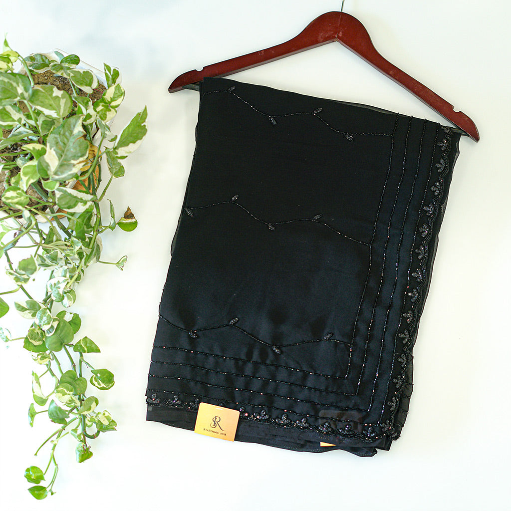 Black jimmy choo fabric (CREPE) with embroidered border and stripes embroidery