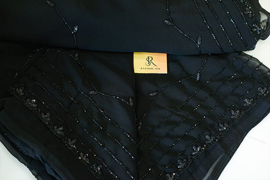 Black jimmy choo fabric (CREPE) with embroidered border and stripes embroidery