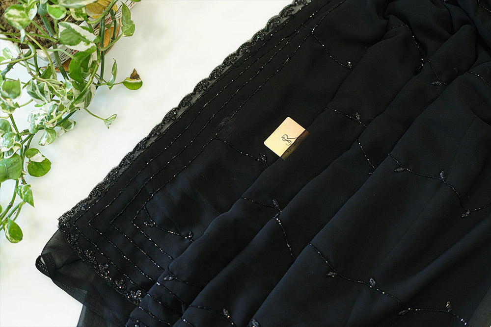 Black jimmy choo fabric (CREPE) with embroidered border and stripes embroidery