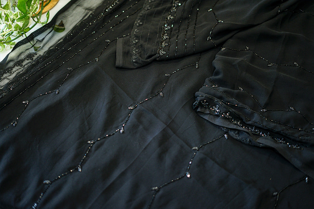 Black jimmy choo fabric (CREPE) with embroidered border and stripes embroidery