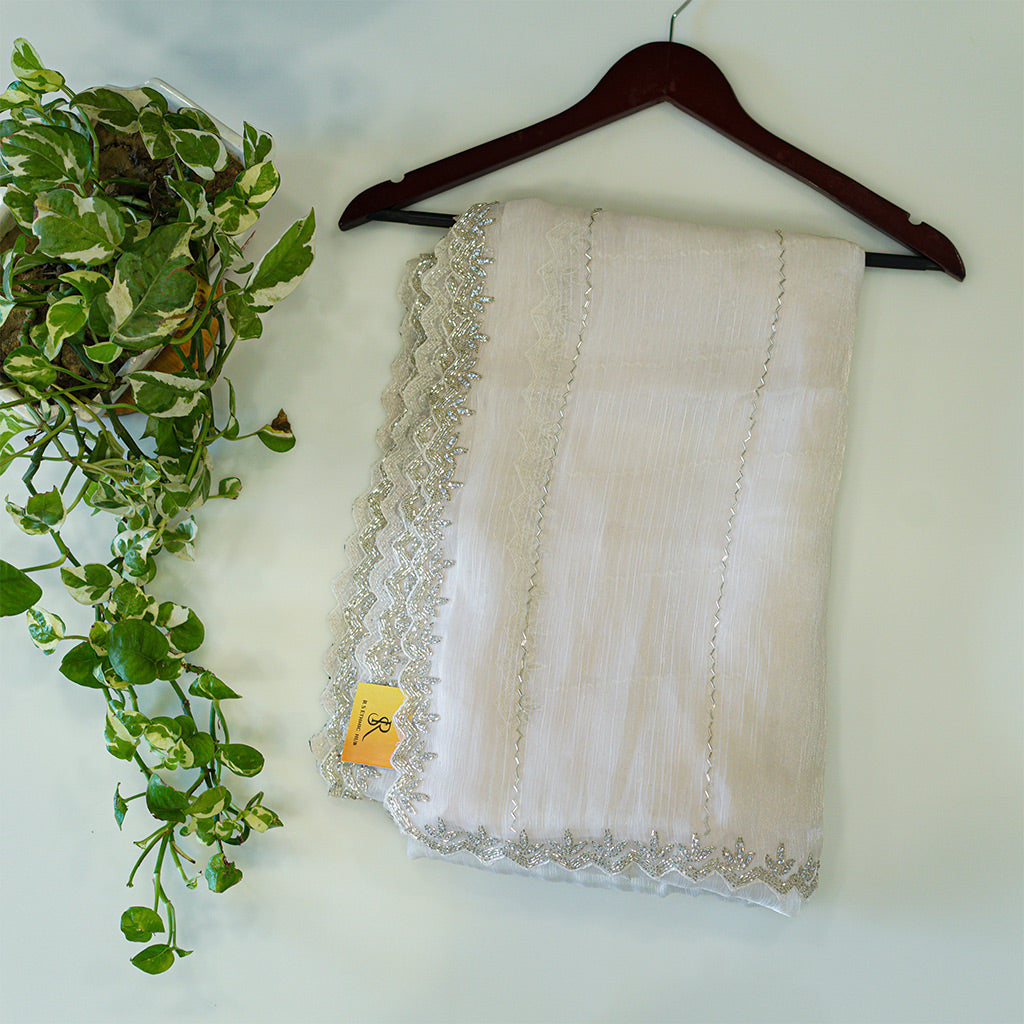 White jimmy choo fabric with embroidered border and stripes embroidery