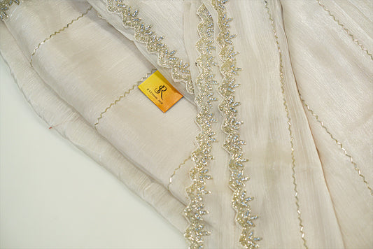 White jimmy choo fabric with embroidered border and stripes embroidery