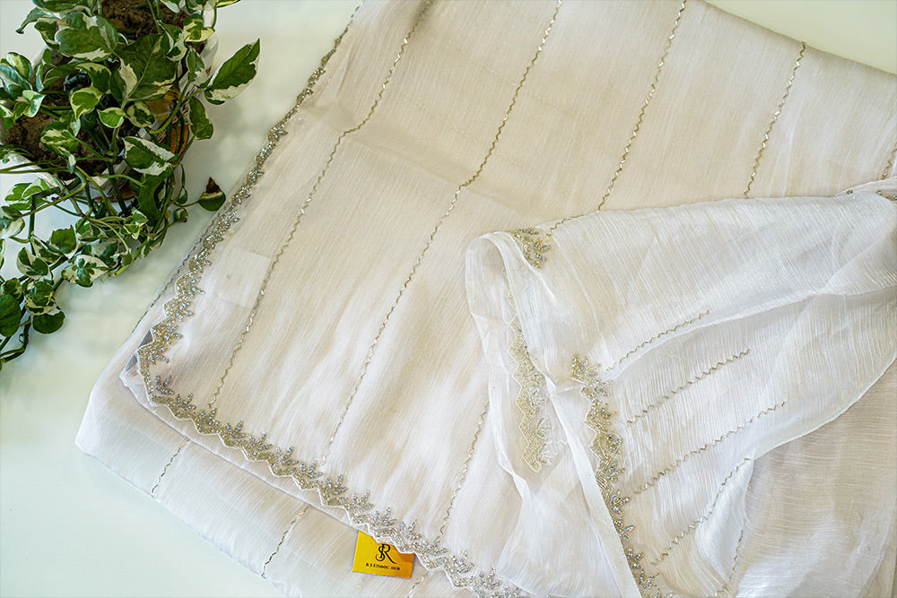 White jimmy choo fabric with embroidered border and stripes embroidery