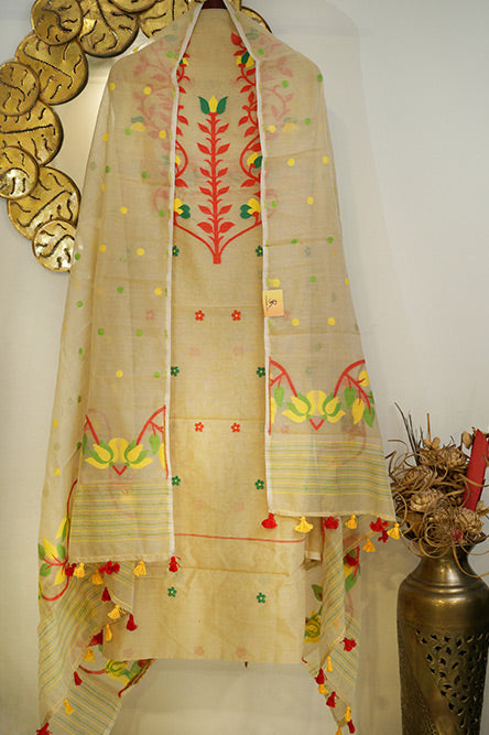 Beige Cotton Jamdani Suit with red and yellow embroidery