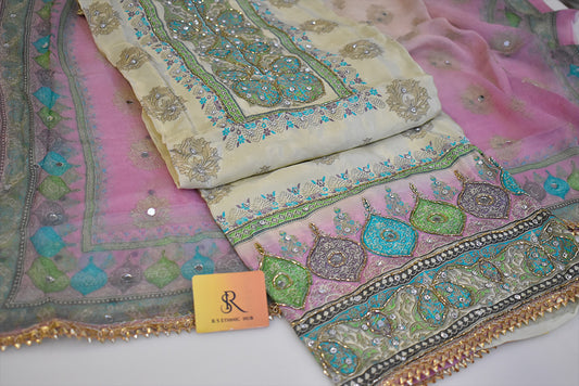 White and pink crepe suit with mirror work