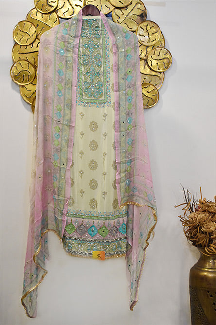 White and pink crepe suit with mirror work