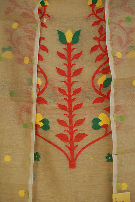 Beige Cotton Jamdani Suit with red and yellow embroidery