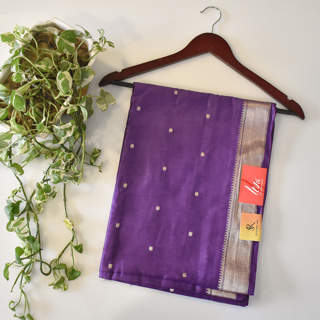 Purple cotton silk handloom saree with golden butti all over