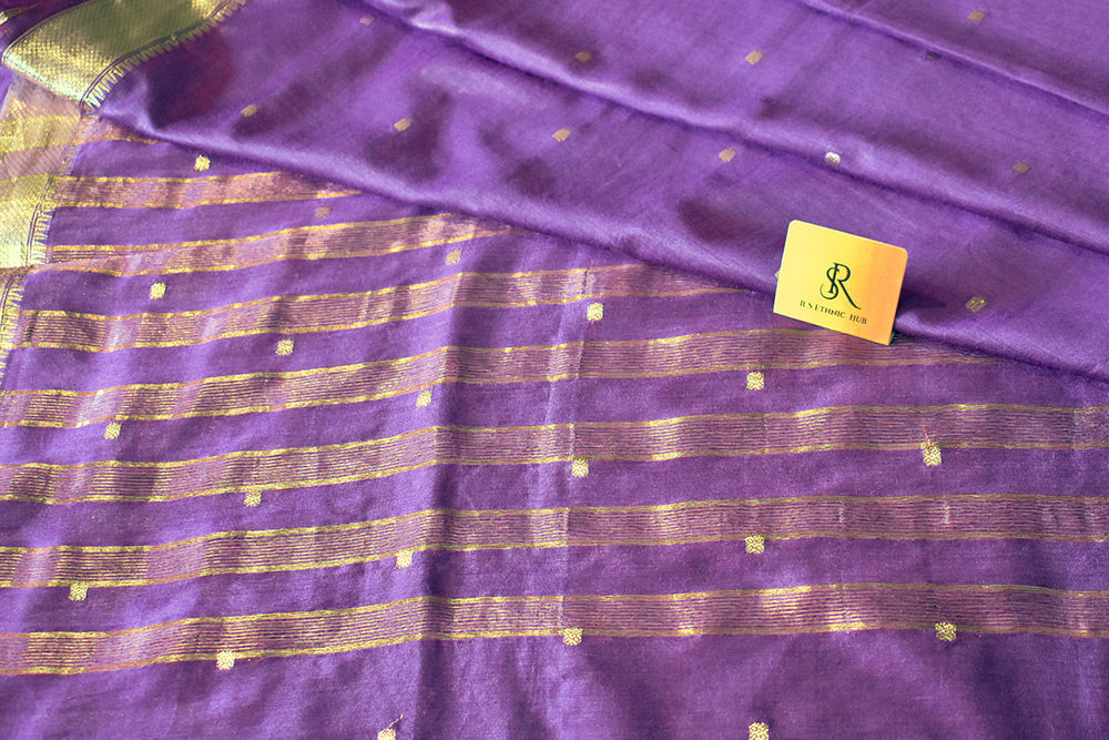 Purple cotton silk handloom saree with golden butti all over