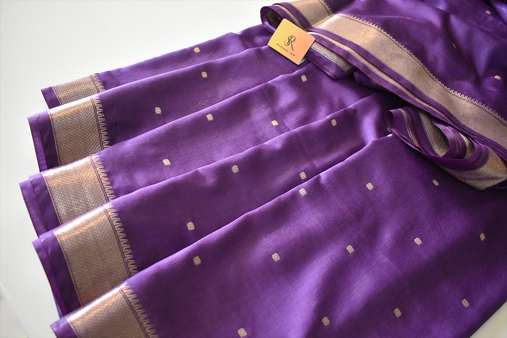 Purple cotton silk handloom saree with golden butti all over