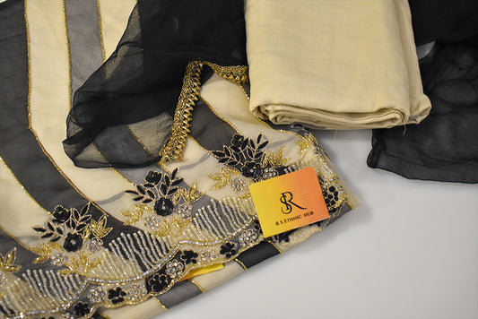 White and black zigzag stripes crepe suit with embroidery border