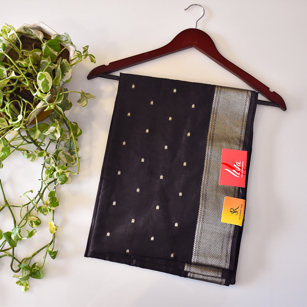 Black cotton silk handloom saree with golden butti all over