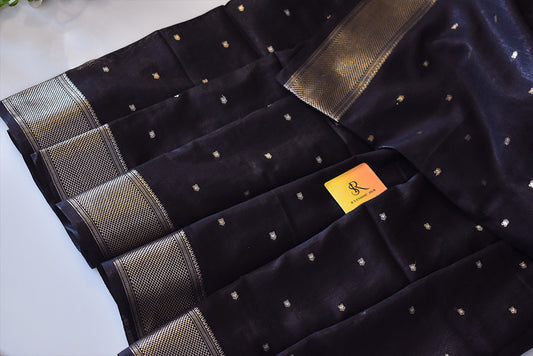 Black cotton silk handloom saree with golden butti all over