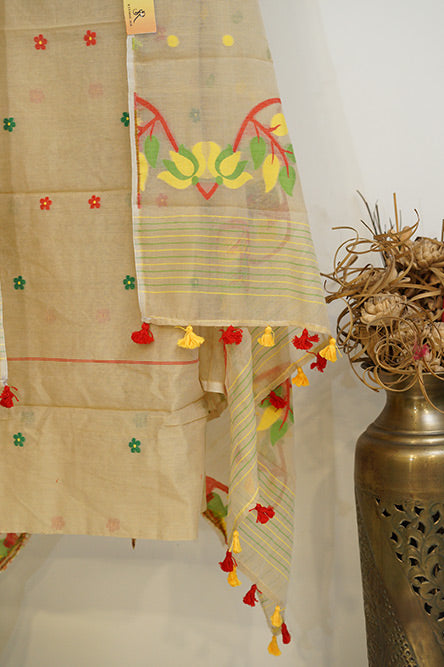 Beige Cotton Jamdani Suit with red and yellow embroidery