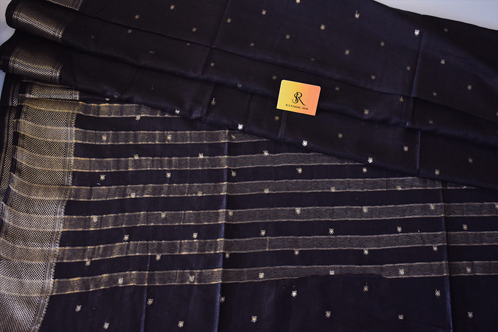 Black cotton silk handloom saree with golden butti all over