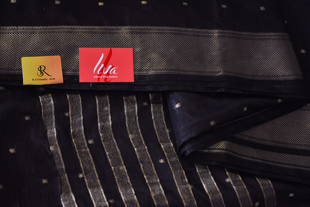 Black cotton silk handloom saree with golden butti all over