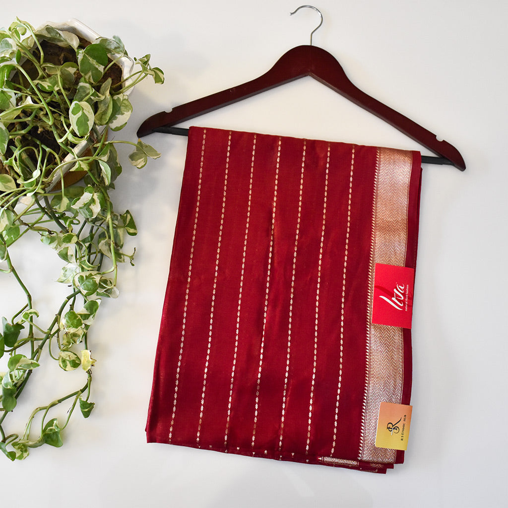 Dark Red cotton silk handloom saree with zari stripes all over