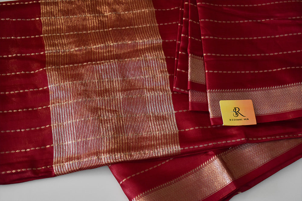Dark Red cotton silk handloom saree with zari stripes all over