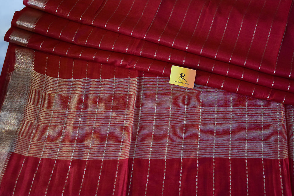 Dark Red cotton silk handloom saree with zari stripes all over