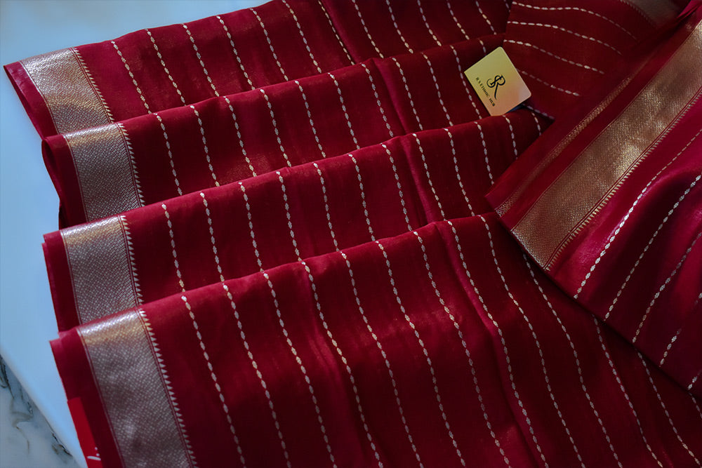 Dark Red cotton silk handloom saree with zari stripes all over