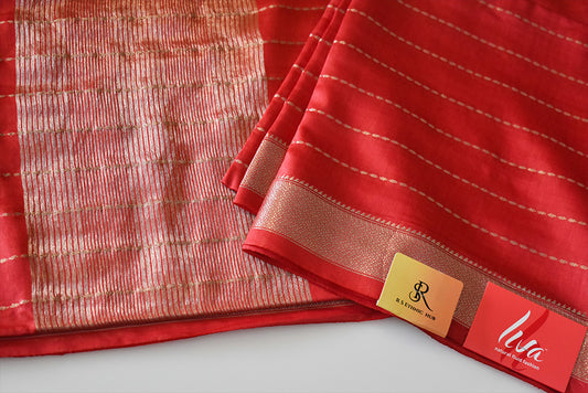 Light Red cotton silk handloom saree with zari stripes all over