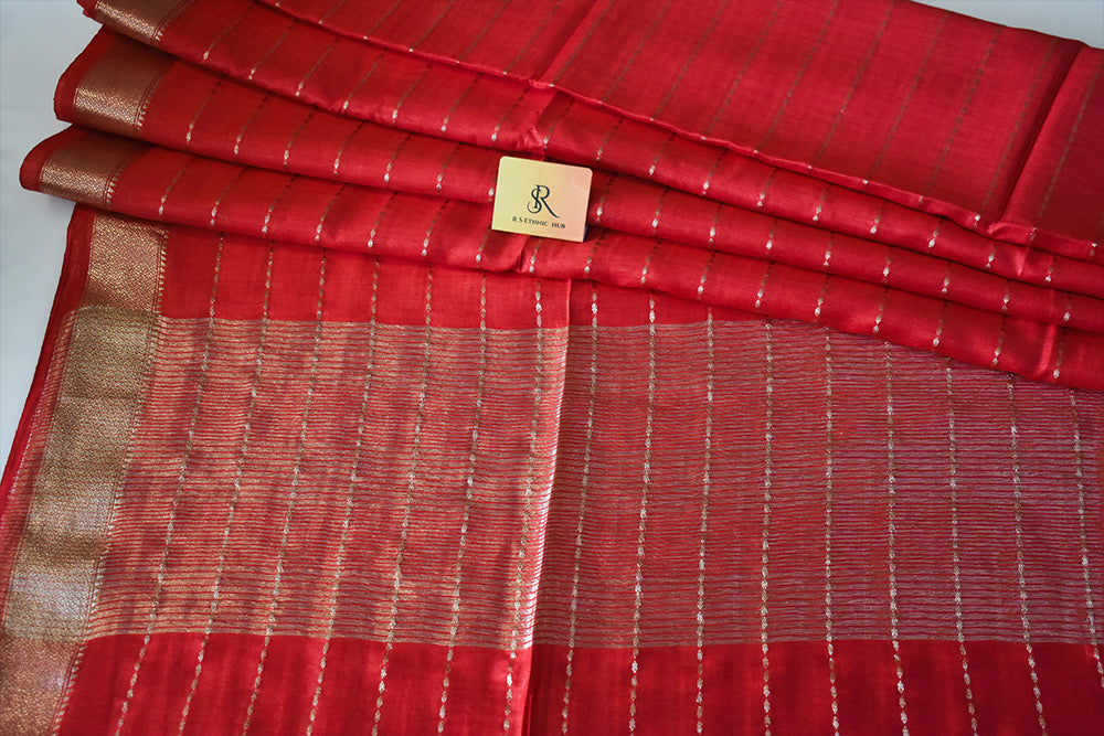 Light Red cotton silk handloom saree with zari stripes all over