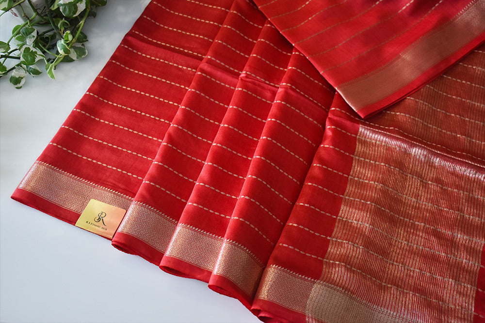 Light Red cotton silk handloom saree with zari stripes all over