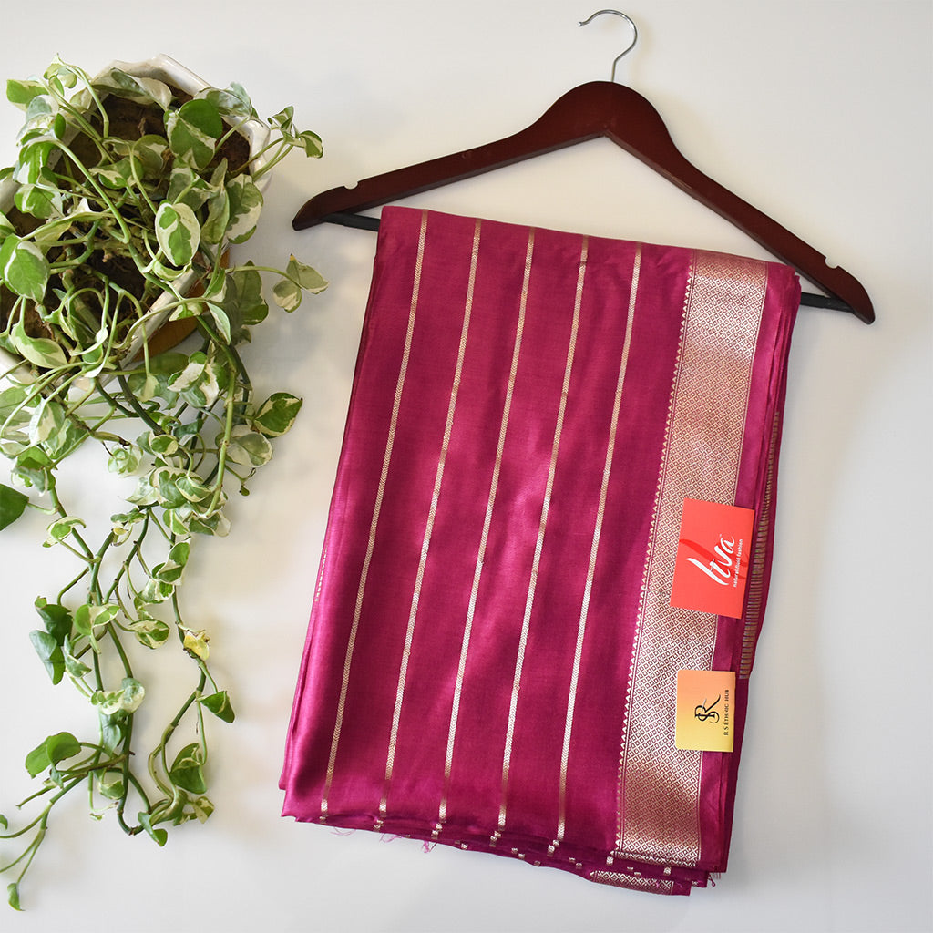 Purple cotton silk handloom saree with zari stripes all over