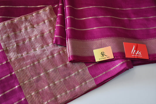 Purple cotton silk handloom saree with zari stripes all over