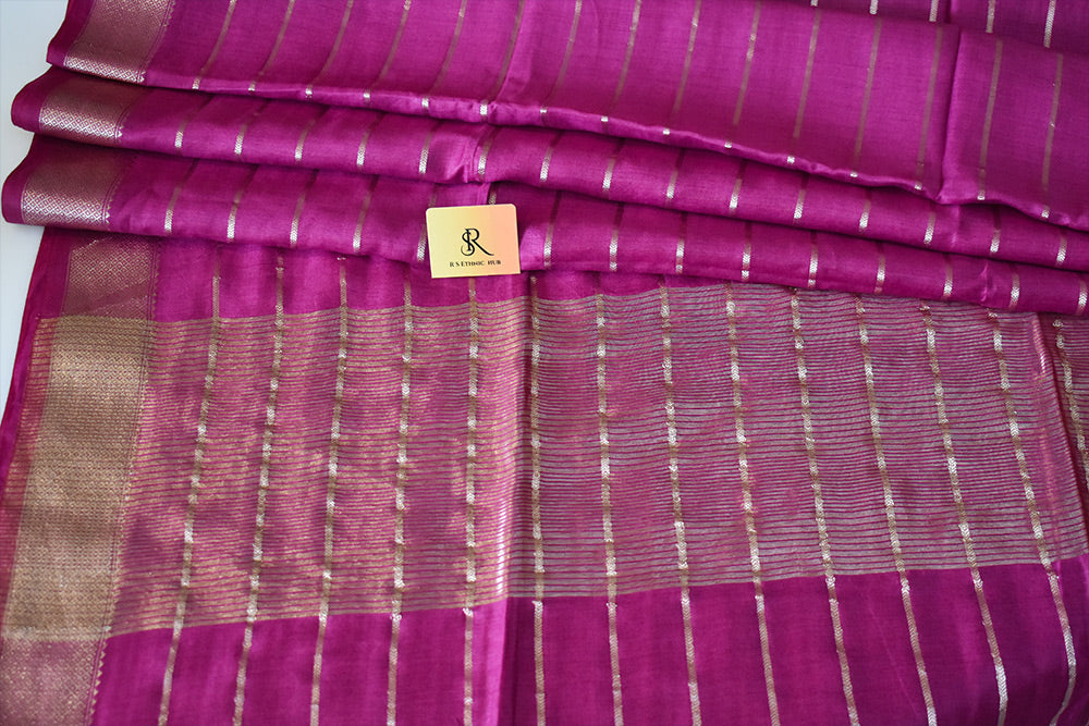 Purple cotton silk handloom saree with zari stripes all over