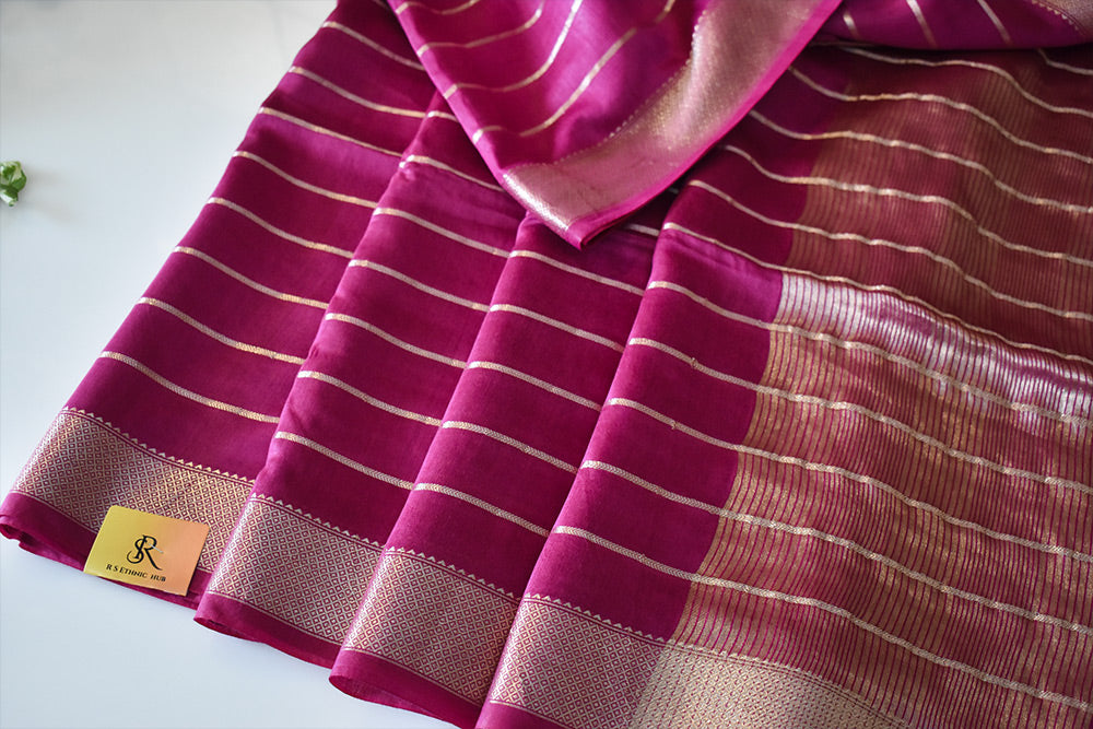 Purple cotton silk handloom saree with zari stripes all over