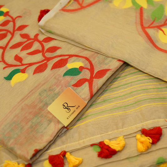 Beige Cotton Jamdani Suit with red and yellow embroidery