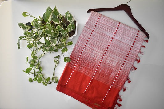 White and red linen cotton saree with red border