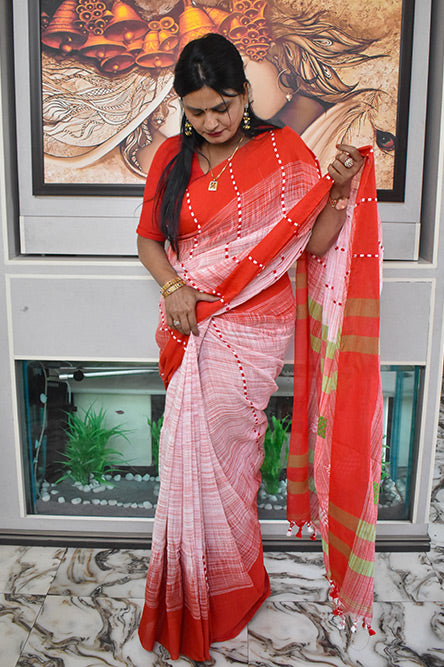 White and red linen cotton saree with red border